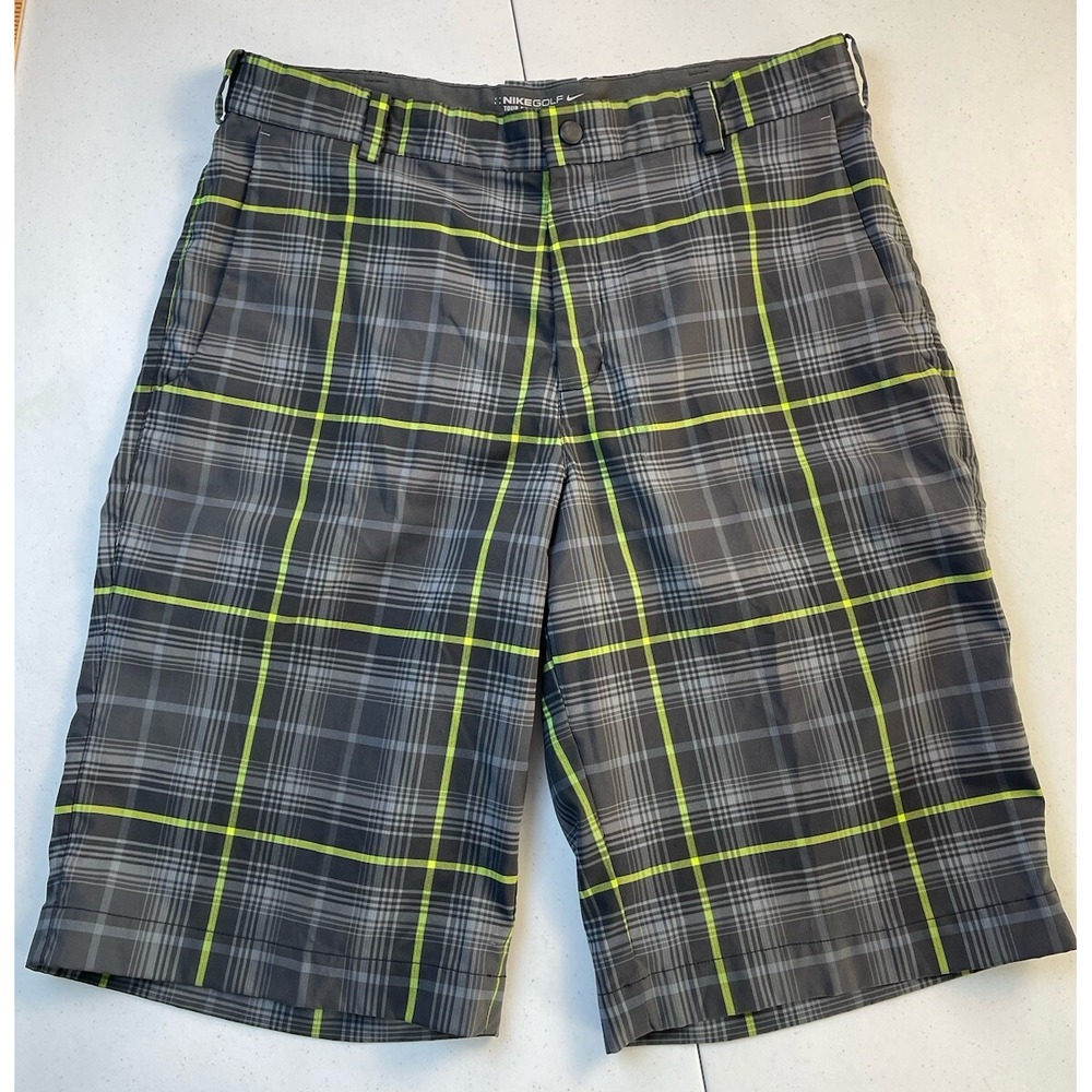 Nike Men's 32 Golf Tour‎ Performance Dri-Fit Black And Neon Plaid Shorts